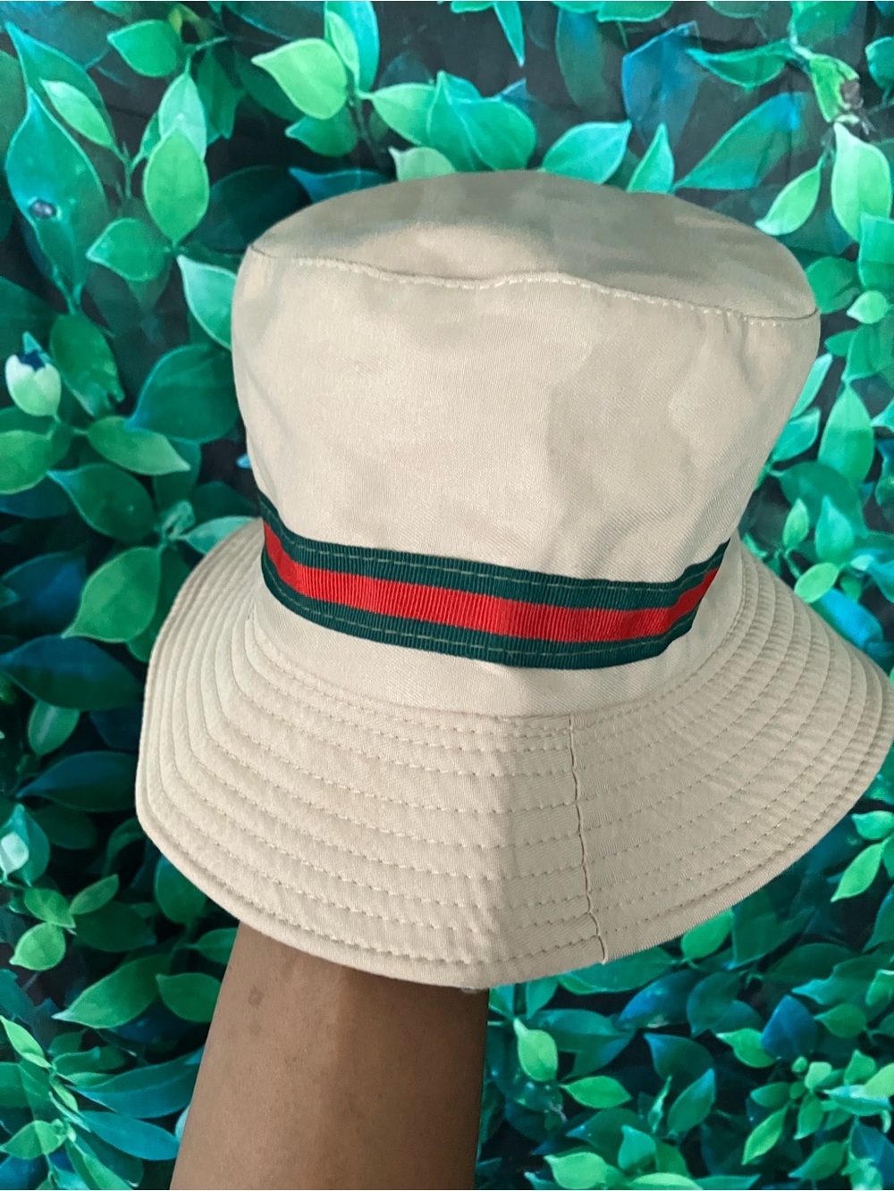 Beige Bucket Hat with Green and Red Stripe
